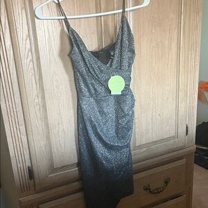 Windsor Black Sparkle Cowl Midi Dress with Spaghetti Straps